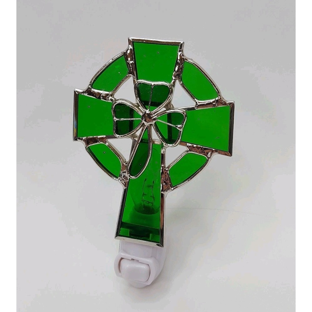Stained Glass Shamrock Clover Celtic Cross Night Light Tested